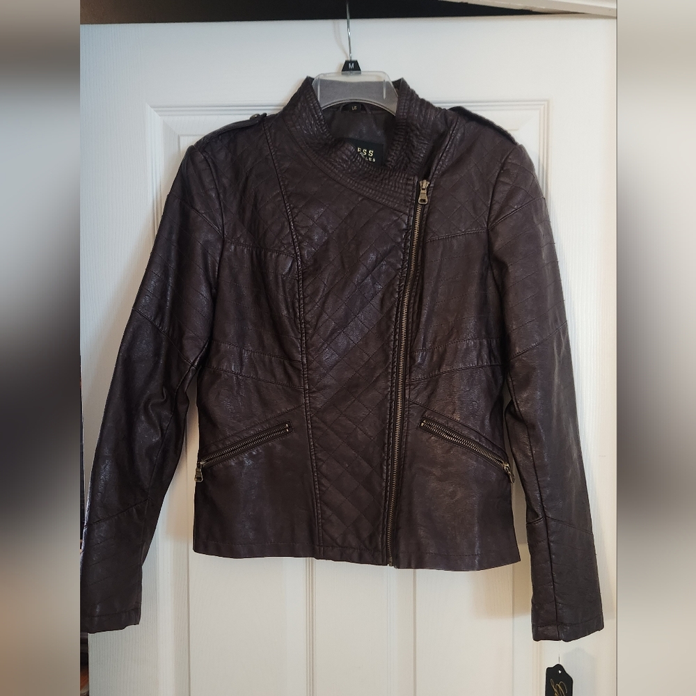 Guess Women's Quilted Leather Jacket - Dark Brown